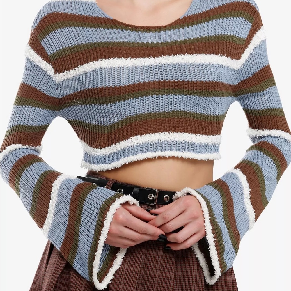 Thorn & Fable Blue Earth Tone Stripe Fuzzy Bolero Girls Crop Shrug, L